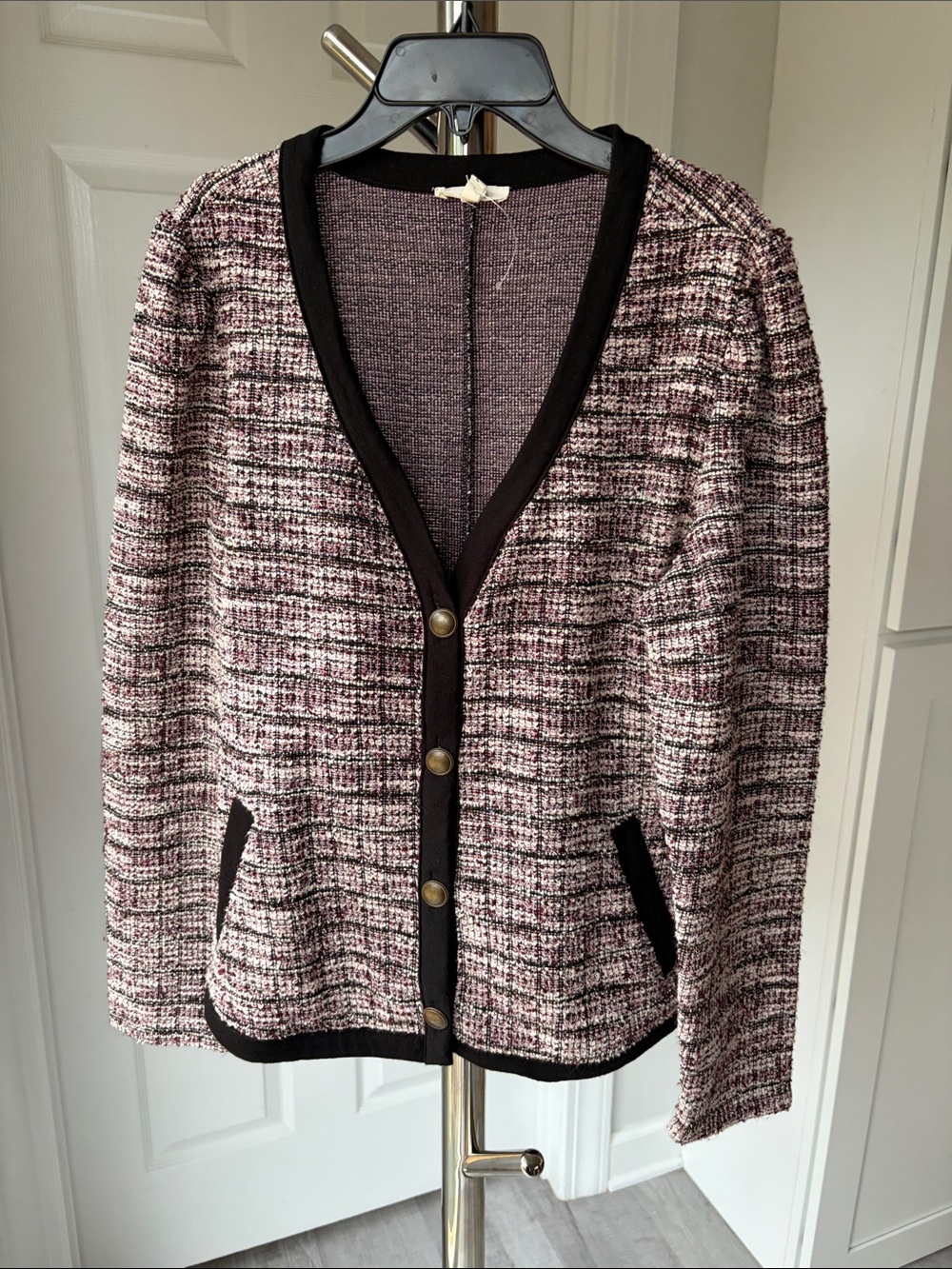 Maurices Pink Mix Tweed Button-Front Blazer with Black Trim, Size L.